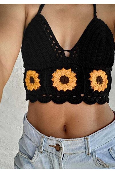 Genel Markalar El Örgüsü Bikini Crop Top Bluz Çiçek Motifli Büstiyer