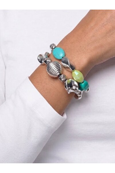 COCOSH TAKI Turquoise Blue Green and Silver Color Big Beads Multiple Bracelet