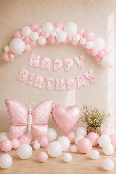 Baloncu Nene Kelebekli Doğum Günü Balon Süsleme Seti Pembe Beyaz Happy Birthd...