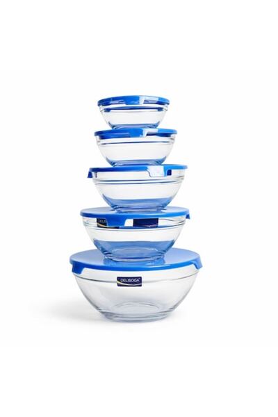 Delisoga Set 5 caserole din sticla cu capac etans, 9cm/10.5cm/12.5cm/14cm/17cm