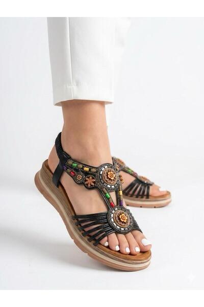 Lütfi Women's full orthopedic soft soled sandal with rubber detail and stone ...