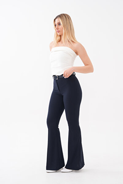 Noravelle Women's Navy Blue High Waist Belted Spanish Leggings Trousers