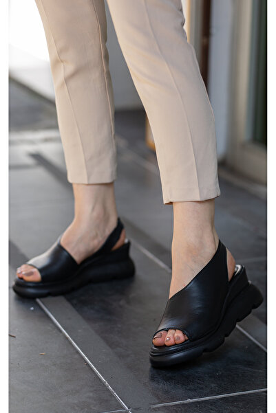 EREN SHOES BAG 7712 Sandale de damă din piele naturală, neagră, cu bandă elas...