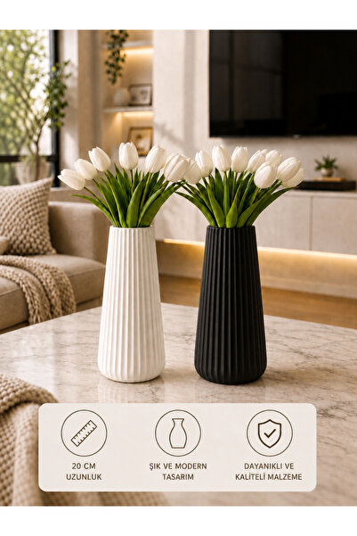 PEKELHOME PH01105 Dekoratif Vazo Siyah Beyaz 20 cm Modern Çizgili Seramik Gör...