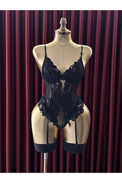 Noir Fleur Transparan Dantel Bodysuit