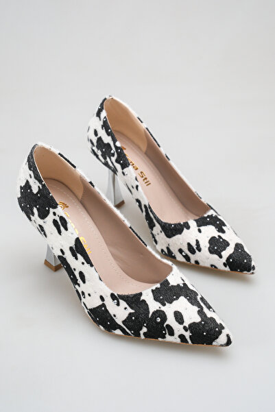 SENASTİL 060 Women's Vivid Leopard Pattern Stoned Pointed Toe Silver Metallic...