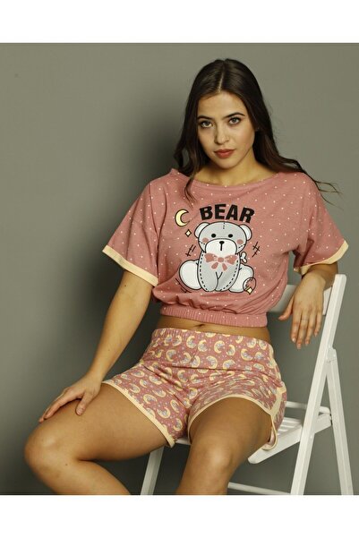 lindros Women's pajamas, with Short-Sleeved and Cotton shorts, Bear print