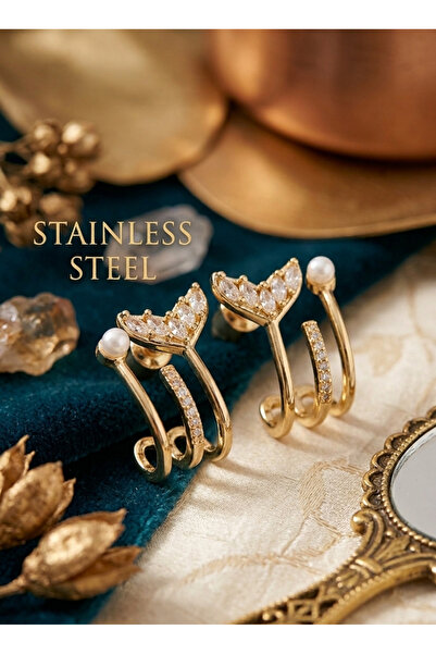 stainless steell أقراط ذهبية اللون على شكل ذيل السمكة مرصعة بالزركون واللؤلؤ