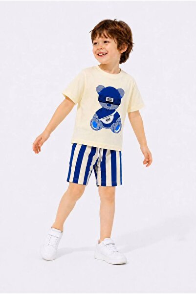 kr kids Boy's Teddy Bear Printed Shorts Set Navy Blue Striped Cream Summer 2-...