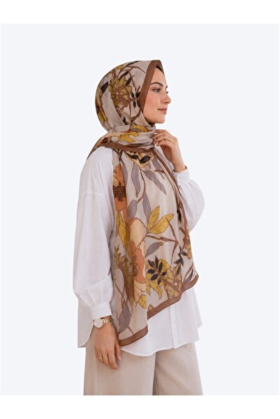 emipek Modal Soft Tesettür Şal 75x185 cm Kahve-Bej Çiçek Desenli Şal | Lunera...