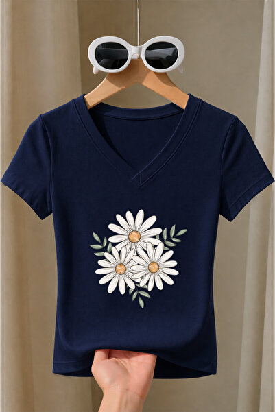 Velostra Women's Daisy Flower Printed Basic Daily Use V-Neck Slim Fit Lycra T...