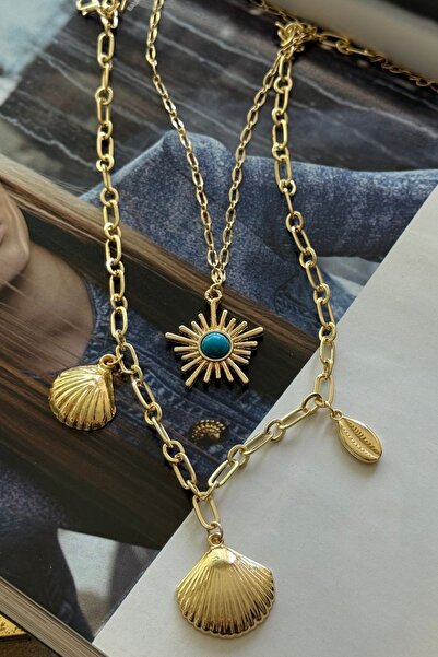 Trendy Butik قلادة مزدوجة بحجر الفيروز وشكل المحار