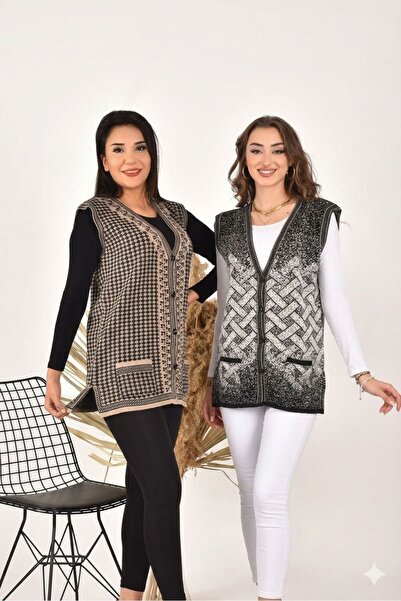 kahve lekesi Vestă tricotată cu model pentru femei, 2 piese, cu buzunare cu n...