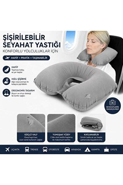 Vi Caro Şişirilebilir Seyahat Yastığı Boyun Destek Yastığı Uçak Otobüs Araç T...