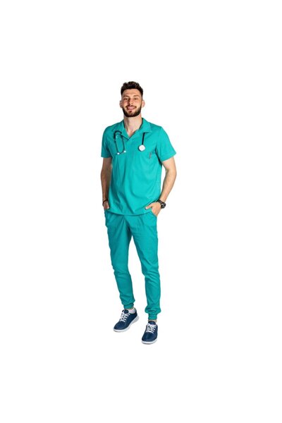 RUNI Costum medical stretch polo barbati verde turcoaz, cu bluza in V si pant...