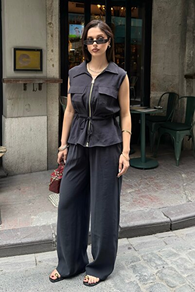 BEJNA Set de top și pantaloni scurți din modal țesut, fără mâneci, cu curea, ...