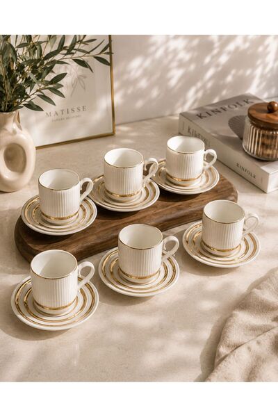 NEWNOW 6-Piece Porcelain Coffee Cup Set – Turkish Coffee Cup Set with Gold De...
