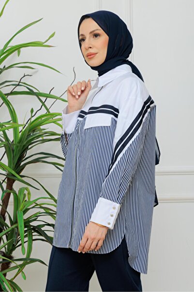 Moodbasic Biye Detaylı Çizgili Gömlek - Lacivert