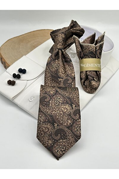 Gutiero Classic Tie with Brown Paisley Patterned Handkerchief