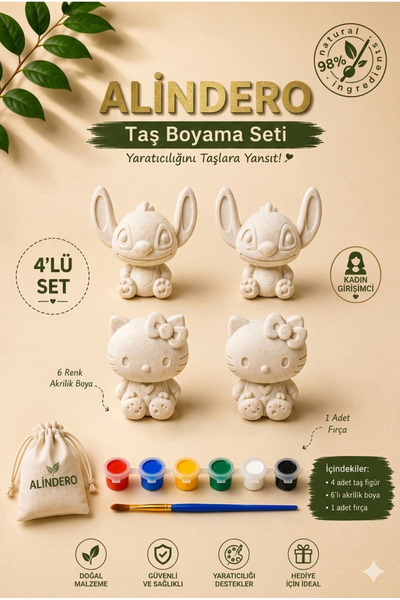 Alindero taş boyama seti sevgili, arkadaş hediyesi eğitici hobi seti 4 lü ( 1...
