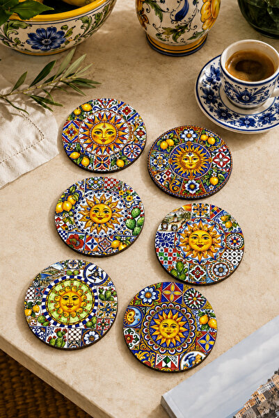 BYC TÜRKİYE Sunshine Sicilian Themed Coasters Set of 6 – Lemon Pattern with S...