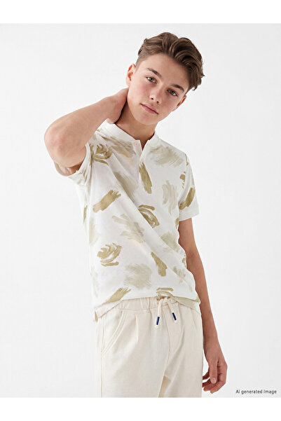 LC Waikiki Beige Judge Collar Patterned Boy's T-Shirt