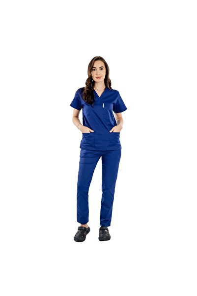 RUNI Costum medical albastru, bluza cu anchior in V, trei buzunare si pantalo...