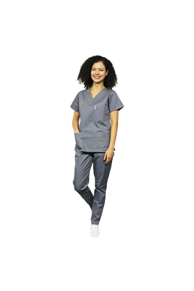 RUNI Costum medical cu elastan gri, dama, format din bluza cu anchior in V si...