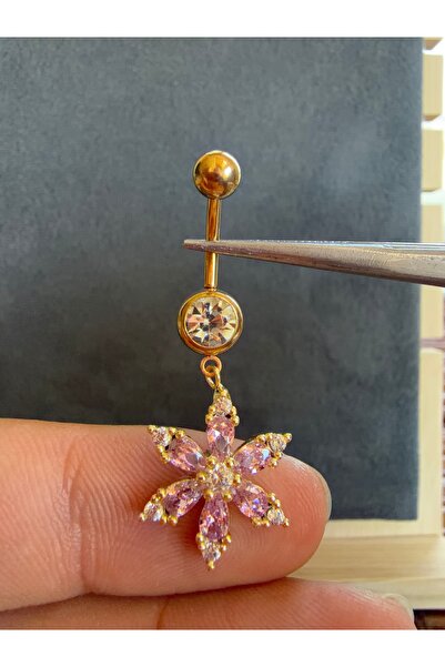 Rupen Kraft 316 L Cerrahi Çelik Parlak Taşlı Pembe Lotus Çelik Göbek Piercingi