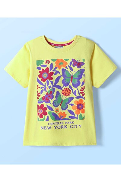 Pine kids Cotton Knit Half Sleeves T-Shirt with Floral Print - Yellow