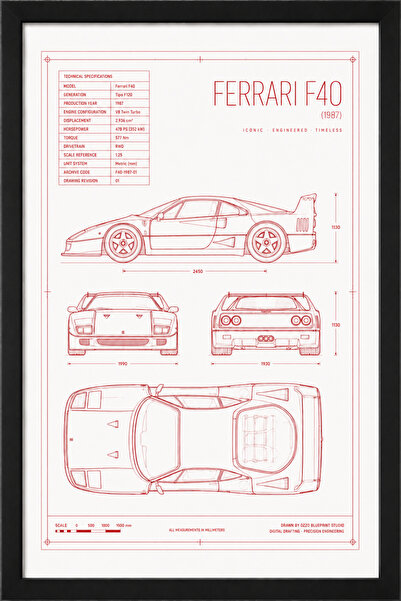 FERRARI F40 Blueprint Line Art | Limited Edition A3 |