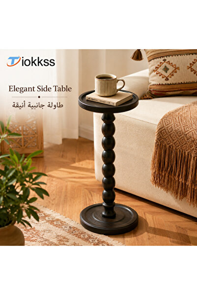 Tiokkss طاولة جانبية دائرية من الخشب الصلب الأسود، طاولة جانبية كلاسيكية بقاع...