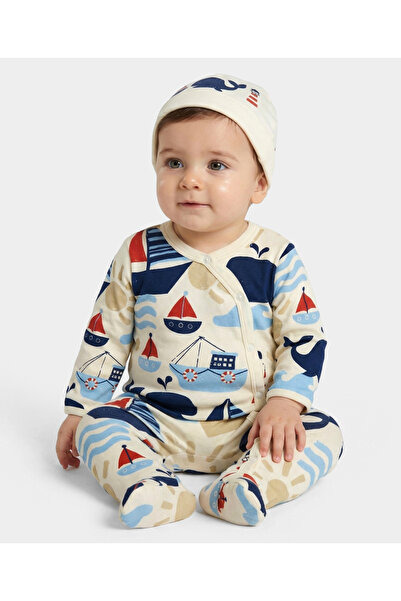 Bonfino 100% Cotton All-Over Print Full-Sleeve Sleepsuit with Cap - White