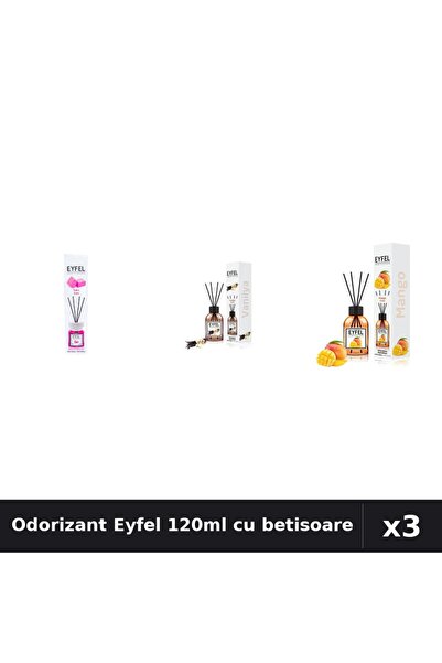Eyfel Set 3 Odorizante Camera cu Betisoare - Bubble Gum, Vanilie, Mango 120ml