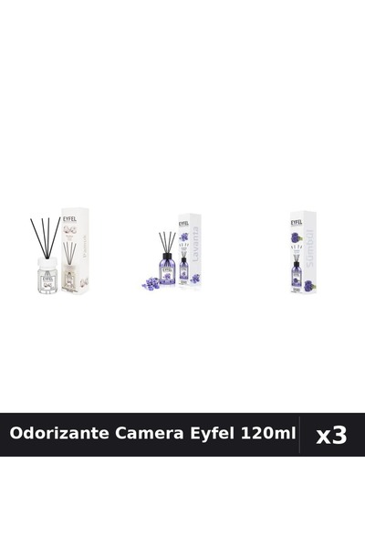Eyfel Set 3 Odorizante Camera cu Betisoare - Bumbac, Lavanda, Zambile 120ml