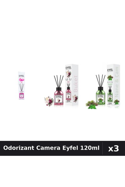 Eyfel Set 3 Odorizant Camera cu Betisoare 120ml - Bubble Gum, Bouquet, Pin Menta