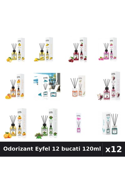 Eyfel Set 12 Odorizante Camera cu Betisoare - 12 Arome Asortate, 120ml