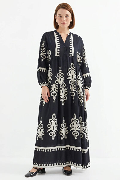 Generic Brand Women's V-Neck Authentic Patterned Viscose Black Hijab Dress