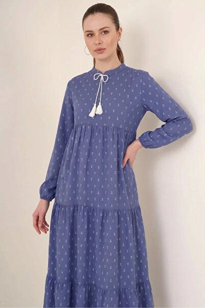 buğrahayalin Women's Collared Lace-Up Waist Gathered Floral Patterned Blue Hi...
