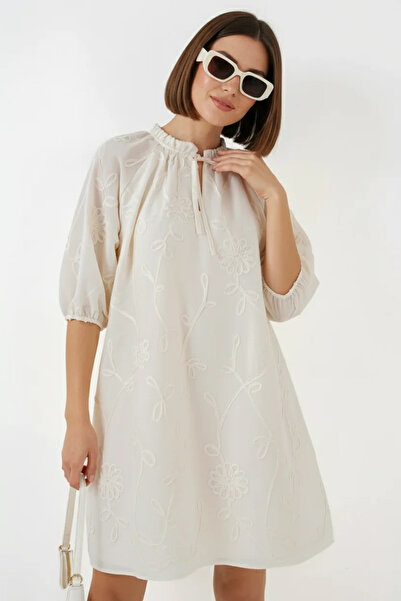 Generic Brand Women's Round Neck Floral Patterned Cotton Cream Dress