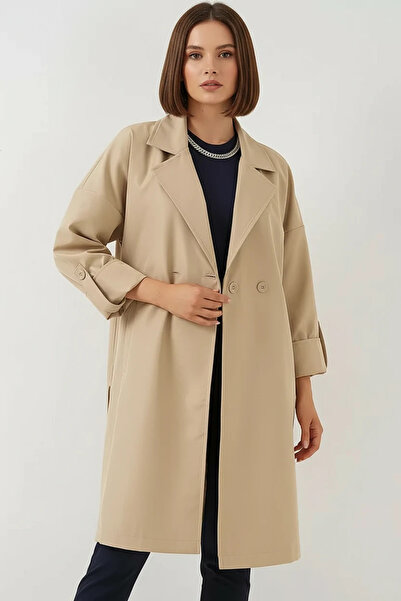buğrahayalin Women's Double-Breasted Collared Lined Beige Trench Coat