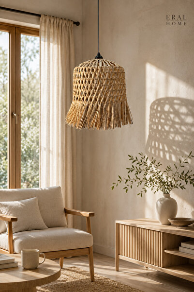 SS ERAL KOOP Dekoratif Doğal Hasır Avize El Örmesi 46 x 30 cm Salon Balkon Bahçe