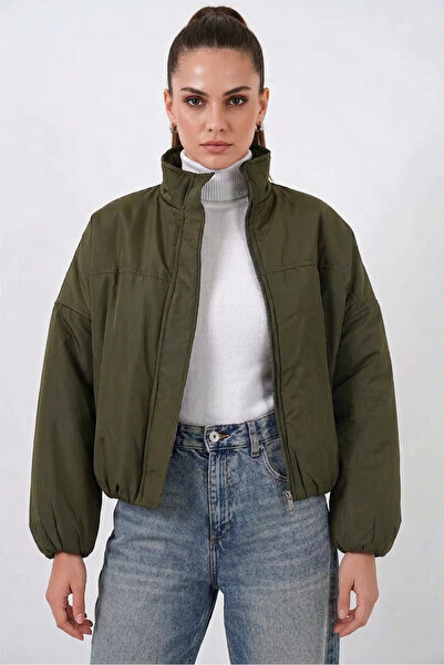 buğrahayalin Women's High Collar Bomber Puffer Oversize Khaki Coat