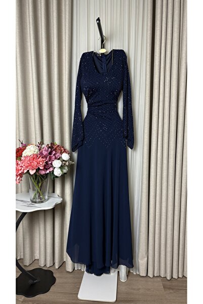 leevan fashion Dark Navy Blue Engagement and Party Dress with Long Sleeves an...