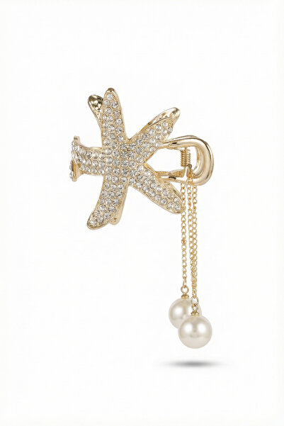 Runades Starfish Figured Crystal Stone Pearl Detailed Hairpin Gold Color Wome...