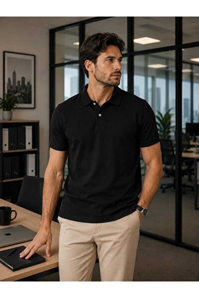 CDA Premium Black Unisex Polo Collar T-Shirt 100% Cotton Breathable Fabric