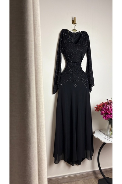 leevan fashion فستان سهرة أسود طويل بأكمام طويلة مطرز بالكريستال وتنورة شيفون