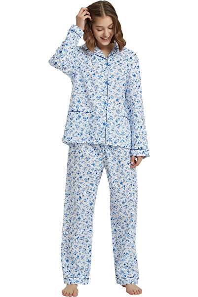 Global Women's Pajama Cotton Canvas Classic Floral Blue Set Size 44 EU M