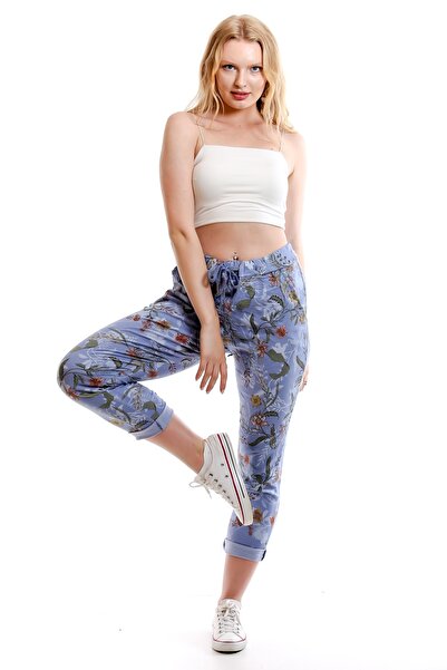 della moor Women's Blue Italian Floral Patterned Lycra Pants with Elastic Wai...