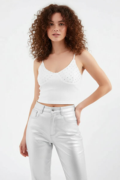 buğrahayalin Women's Strappy Stoned Cotton White Crop Top